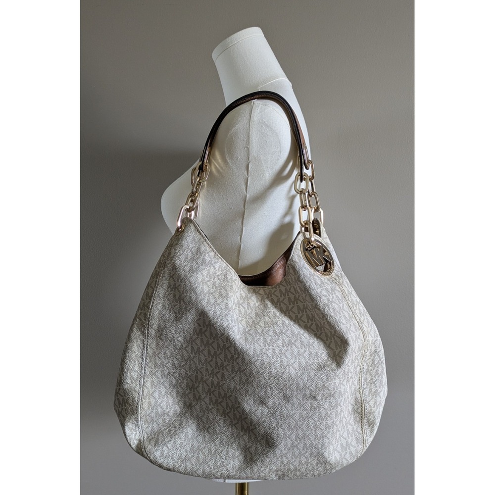 Michael Kors Fulton Large Shoulder Tote Bag White & Gray Signature Logo Canvas